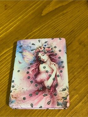 Whimsical pink blue fairy compact double sided mirror clear rhinestones 3”